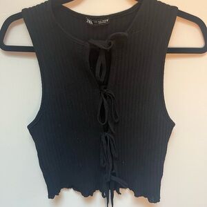 Zara Black Ribbed Tie-Front Tank Top